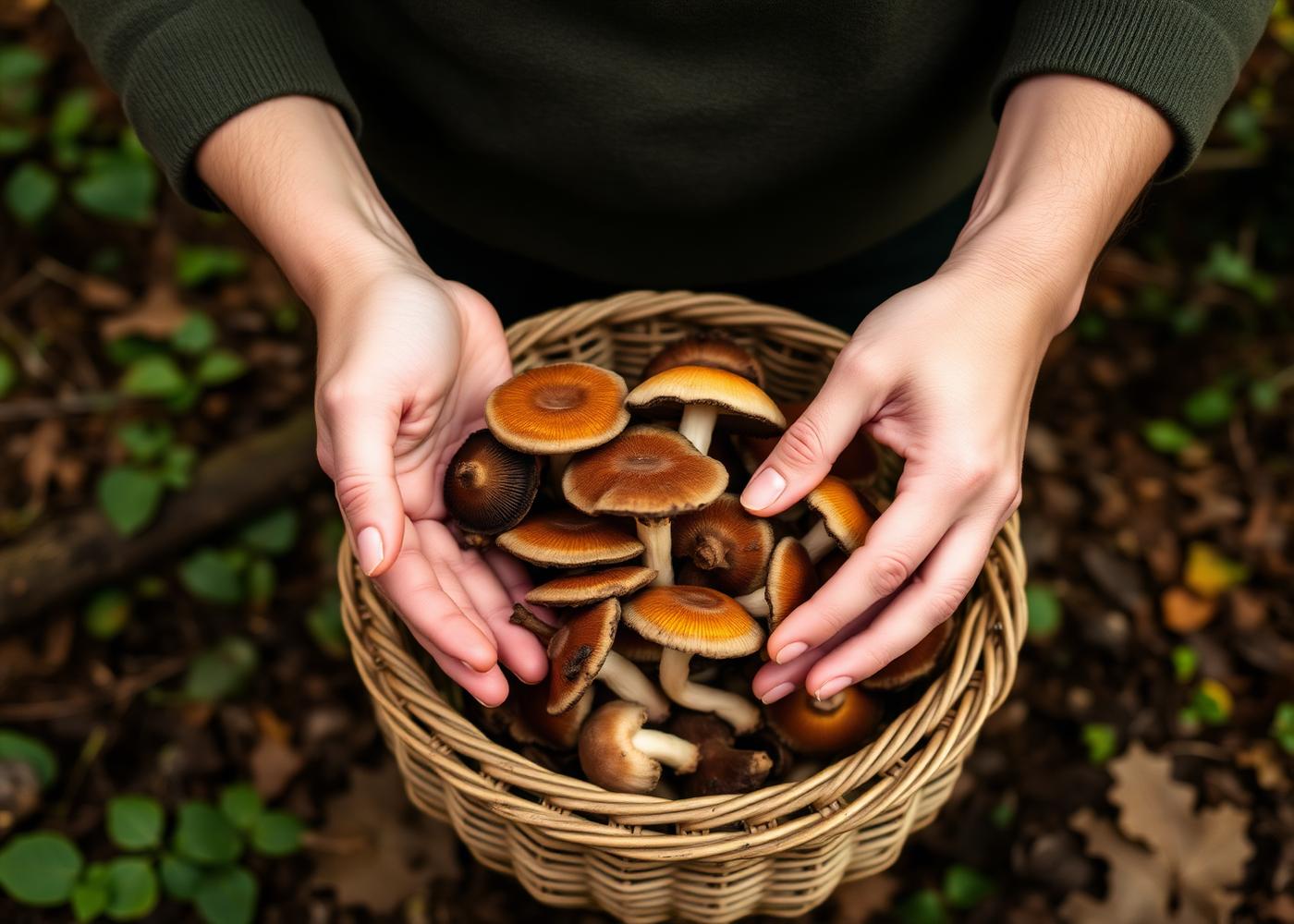Hands holding foraged mushrooms over a basket